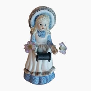 VTG. BLUE SEWING GIRL  6" PORCELAIN FIGURINE PIN CUSHION HAT, HAS THE SCISSORS
